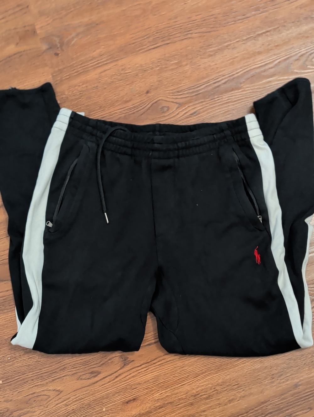 Polo by Ralph Lauren Black Joggers with White Side Stripes And Zippered Pockets
